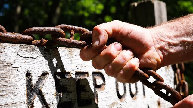 Hand holding a rusty metal chain over a wooden Keep Out warning sign.