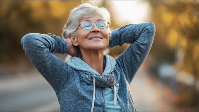 Portrait of a joyful senior woman with her hands behind her head relaxing in nature during fall