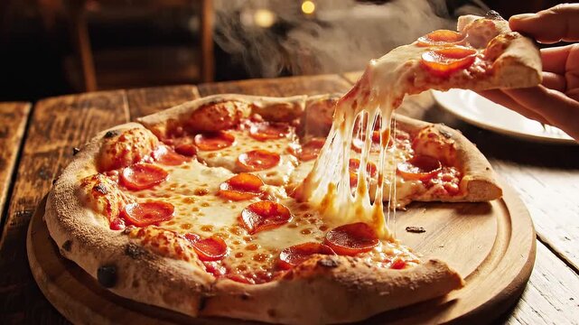 Hand lifting a slice of hot pepperoni pizza with melting cheese stretch
