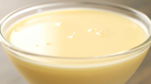 Close-up of creamy custard pudding or flan being scooped with a spoon from a glass bowl, showcasing the delicious, smooth texture of the sweet dessert.