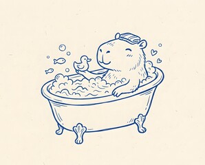 Naklejka premium Cute cartoon animal relaxing in a bubble bath with a rubber duck