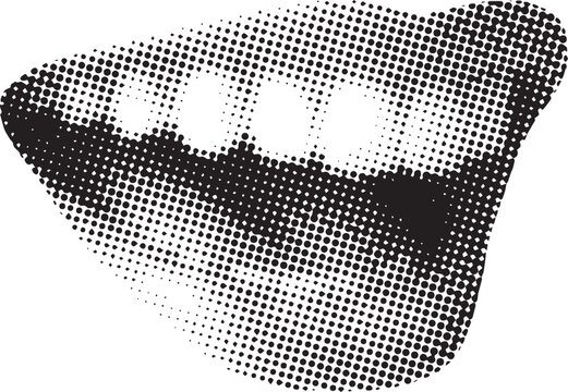 Black and white halftone illustration of smiling mouth with teeth, halftone