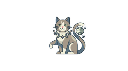 Stylized Cat Mascot Illustration with Globe and Wreath © Alvero Wijaya