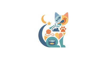 Stylized Cat Silhouette Illustration with Pet Care Icons © Alvero Wijaya