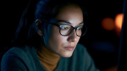 Fototapeta premium A close up portrait of a person wearing glasses set against a dark moody background with soft ambient lighting