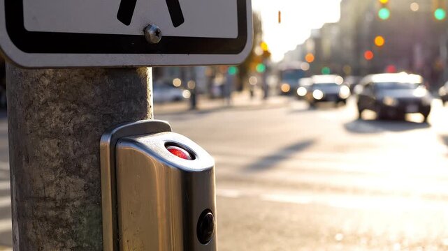 Hand Pressing a Pedestrian Crossing Signal Button at a City Intersection