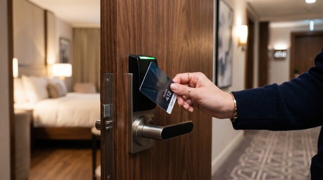 Woman's hand using a key card to unlock a hotel door.