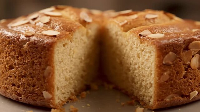 Macro shot of a freshly baked golden almond cake displaying porous texture and glistening crust, topped with sliced almond flakes.