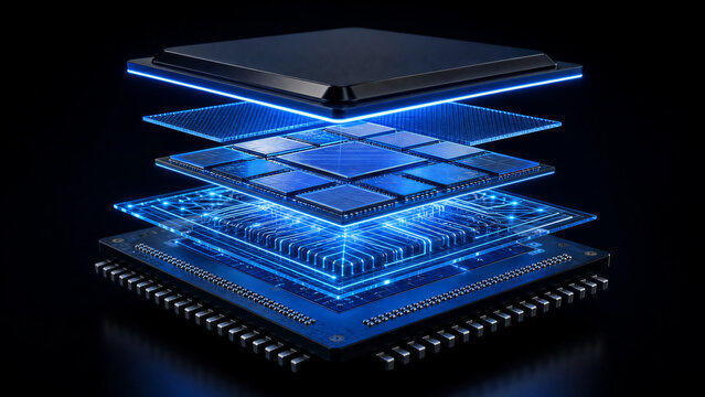 Exploded view of layered semiconductor chip stack with glowing blue circuits showing multi-layer processor architecture design