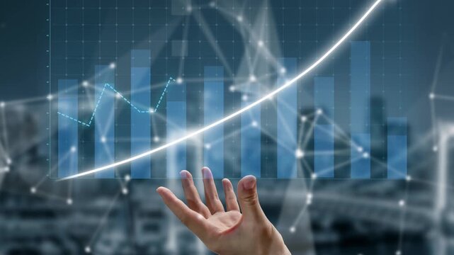 A hand reaches out towards a digital graph depicting financial growth, surrounded by data visualization elements and a blurred cityscape, symbolizing modern business success. Copula