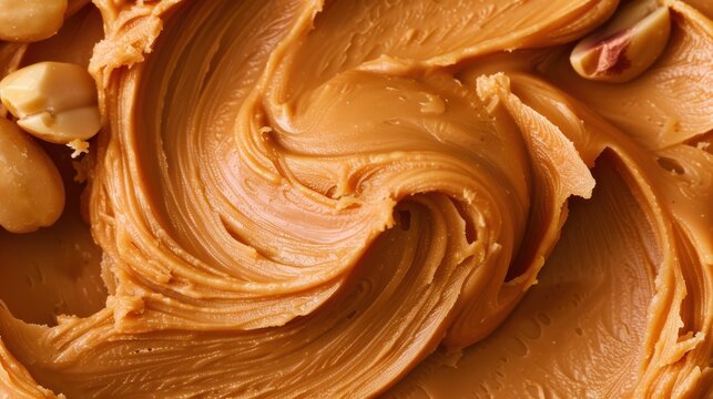 Close up macro view of swirled smooth peanut butter texture with whole nut pieces and ripples.