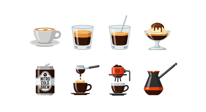 Pixel Art Coffee Icons: Espresso, Latte, Nitro Brew, Turkish Coffee, Affogato