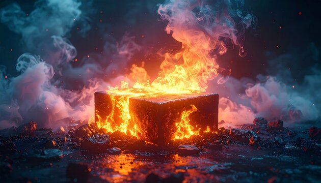 a burning box on fire in the dark.