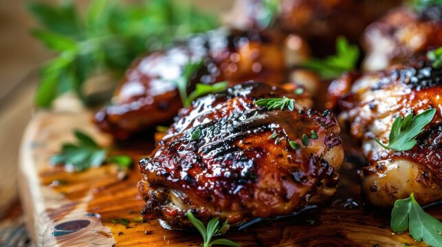 Juicy grilled chicken thighs glazed with sauce garnished with fresh herbs.