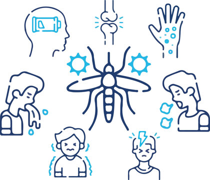 virus infection medical outline diagrams bundle showing patients with migraine skin allergies physical fatigue vomiting and high fever health conditions