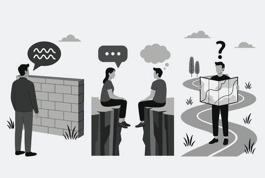 Concept of communication barriers is shown through panels depicting a brick wall, a deep chasm, and a confusing road maze.