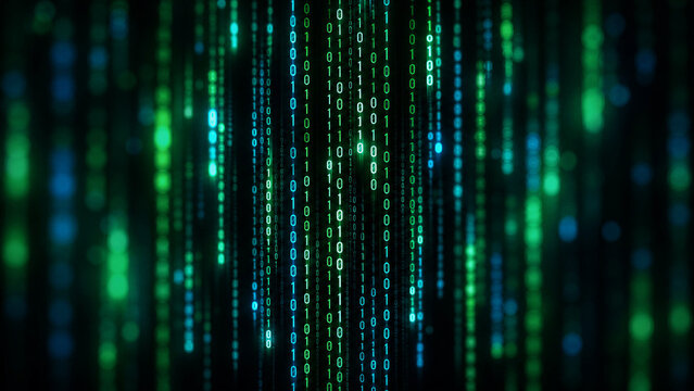 Green glowing binary matrix code rain streaming down on dark background representing hacking, cybersecurity and digital encryption