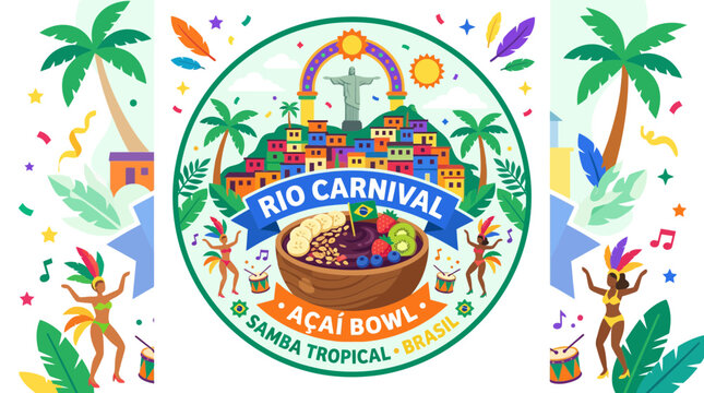 A&ccedil;a&iacute; bowl emblem with Rio de Janeiro landscape background.