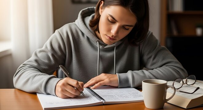 Exhausted tired student studying on desk full of books library night