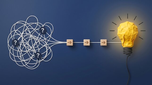 Concept of generating a brilliant idea from complex problems, visualized as a tangled mess transforming into a glowing lightbulb💡