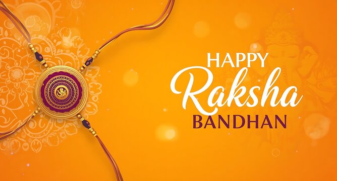 Happy Raksha Bandhan Graphic with Red Rakhi on Orange Bokeh Background