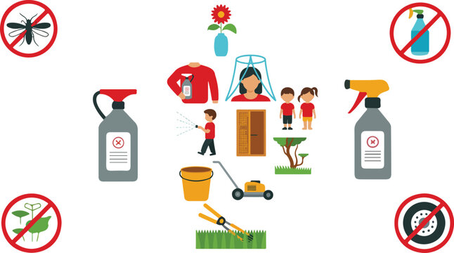 Home pest control and dengue virus protection safety habits bundle with cartoon characters cleaning backyard gardening trimming bushes and using insecticide sprayers