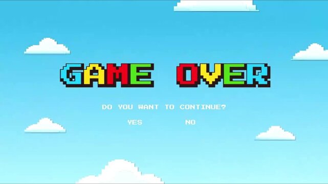 Retro game over screen with pixel art clouds