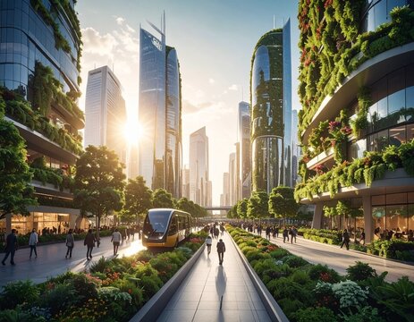 Futuristic sustainable city with vertical gardens integrated into skyscrapers, clean transportation, pedestrian friendly streets, golden sunrise, environmental innovation, realistic urban planning vis