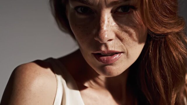 Portrait of beautiful redhead woman with freckles posing in studio light