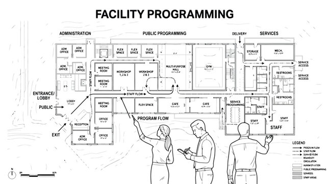 Facility programming plan illustrating administrative, public, delivery, and service areas with flow diagrams