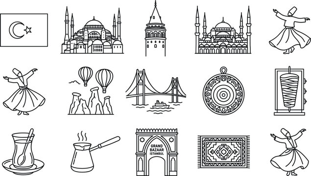 Turkey Istanbul travel doodle icon set with mosque dervish cappadocia bridge kebab tea coffee rug flag tower landmarks