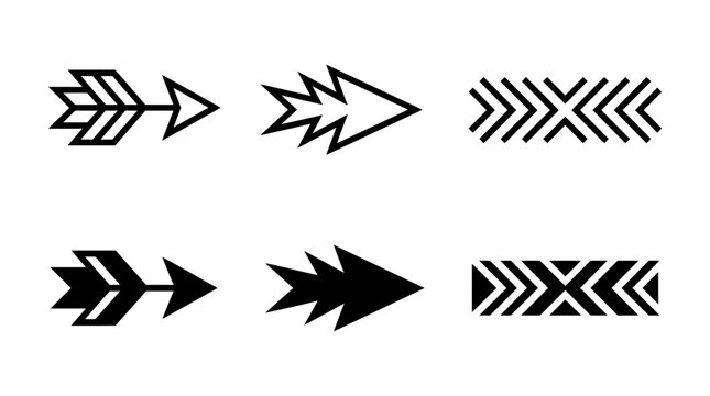 Set of stylized arrowheads and complex geometric decorative patterns in black and white icon format with zig zag