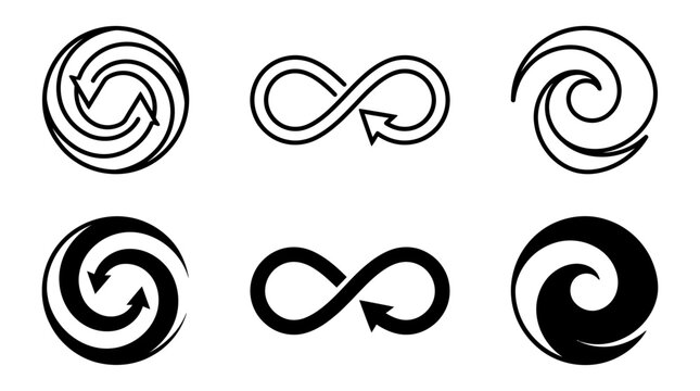 Set of minimalist cycle infinity and swirl arrow icons in black and white line art and solid design infinity rotation