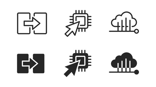 Technical and computing icons featuring data import, processor core selection and cloud information processing, transfer