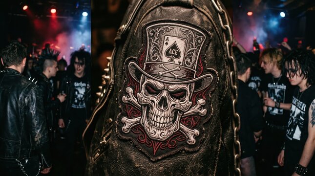 Skull patch with top hat and Ace of spades. Gear for rockers, metal fans, punks, goths.