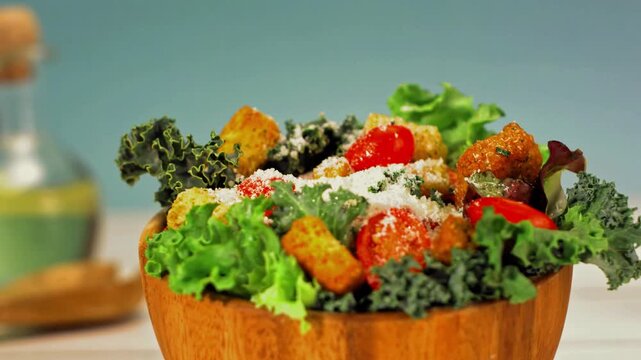Slow motion close-up of grated Parmesan falling over a fresh green salad with lettuce, kale, cherry tomatoes and croutons in a rustic wooden bowl.