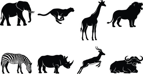 Collection of African safari wild animal silhouettes including elephant cheetah giraffe roaring lion zebra rhinoceros gazelle and buffalo isolated on white background © Sirajul