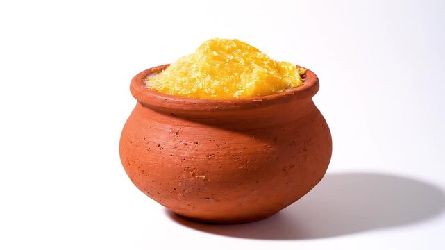 Pure Ghee in a Traditional Clay Pot Isolated on White Background