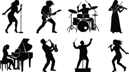Collection of musical performer silhouettes including singers, guitarist, drummer, violinist, pianist, saxophonist, and orchestra conductor isolated on white background © Sirajul