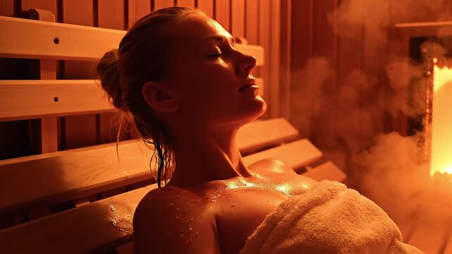 Relaxed woman resting in a warm wooden sauna with steam and droplets