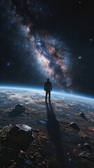 Fototapeta premium Silhouette of an Astronaut Standing on a Planet Edge Looking at the Milky Way Galaxy