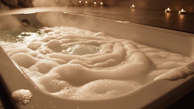 Relaxing Whirlpool Bathtub with White Bubbles and Warm Candlelight