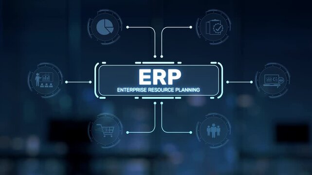 A futuristic robot hand engages with a digital ERP system interface featuring various icons and graphs, symbolizing innovation in business management technology. Synapse