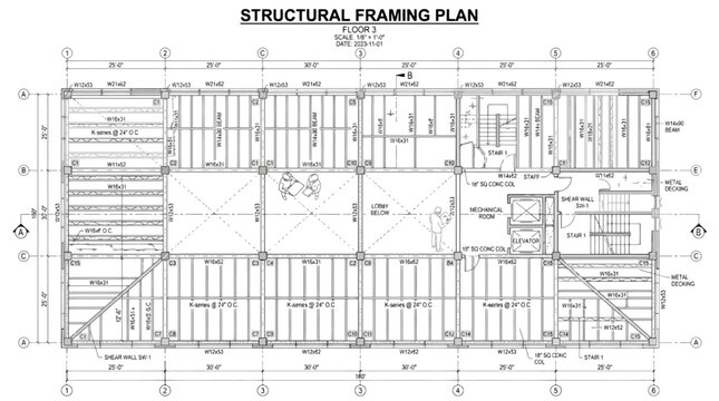 Structural Framing Plan Drawing of a Building Floor with Steel Beams and Columns vector illustration