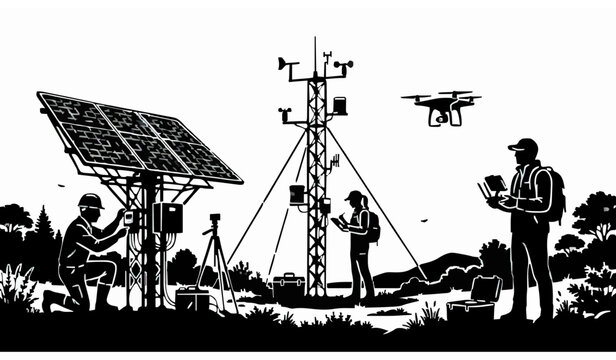 Outdoor environmental monitoring station with solar panel and drone
