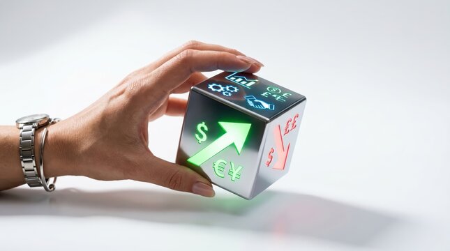 A hand rotates a cube, altering the direction of an arrow indicating a price drop or rise. Aesthetically pleasing white backdrop with space for text. Business theme.