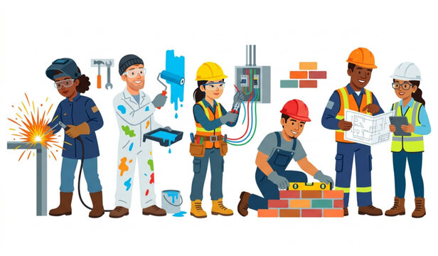 Diverse construction workers and tradespeople at work