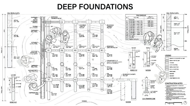 Technical drawing illustrating deep foundation construction with pile schedules and soil profiles deep foundations