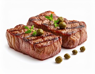 Fototapeta premium Juicy grilled steak with fresh herbs and green capers served on a white background highlighting deliciously cooked beef cut with visible grill marks and garnishes for a gourmet meal