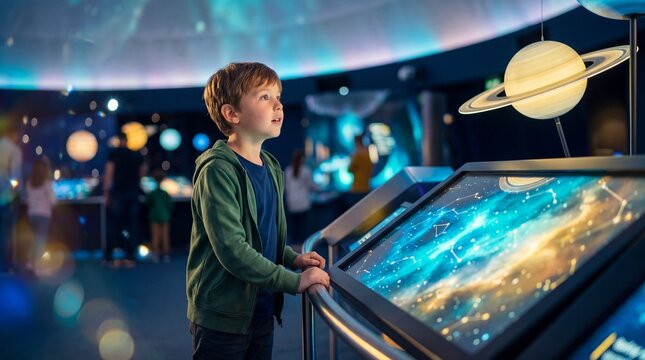 Boy standing at interactive digital screen showing stars and galaxies in planetarium. Child discovering astronomy exhibits with saturn model